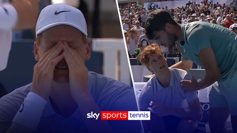 Carlos Alcaraz is confirmed as the Cincinnati Open champion by default and comforts Jannik Sinner as he retires in the final after appearing to be in discomfort. 