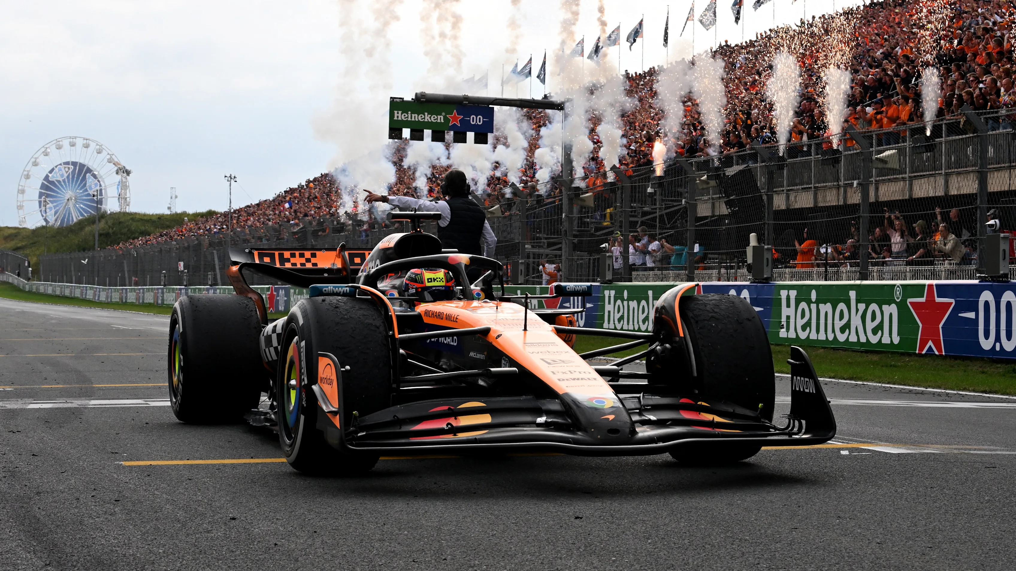 ZANDVOORT, NETHERLANDS - AUGUST 31: Race winner Oscar Piastri of Australia and McLaren arrives in parc ferme during the F1 Grand Prix of Netherlands at Circuit Zandvoort on August 31, 2025 in Zandvoort, Netherlands. (Photo by Mark Sutton - Formula 1/Formula 1 via Getty Images)