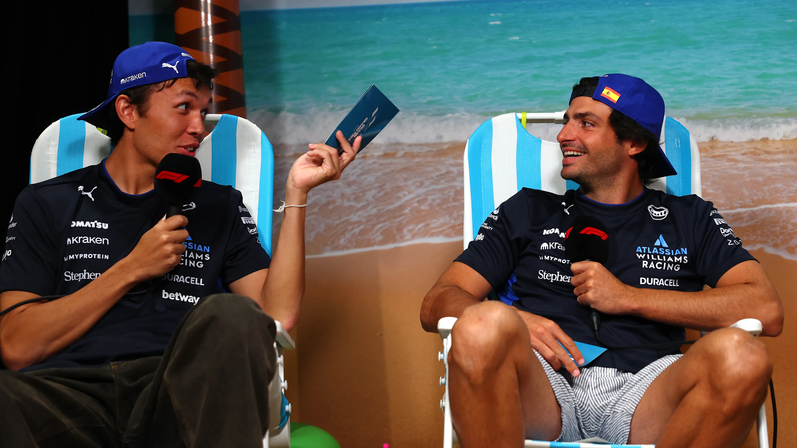 MIAMI, FLORIDA - MAY 02: Alexander Albon of Thailand and Williams and Carlos Sainz of Spain and