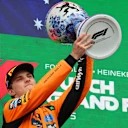 ZANDVOORT, NETHERLANDS - AUGUST 31: Race winner Oscar Piastri of Australia and McLaren celebrates on the podium during the F1 Grand Prix of Netherlands at Circuit Zandvoort on August 31, 2025 in Zandvoort, Netherlands. (Photo by Mark Thompson/Getty Images)
