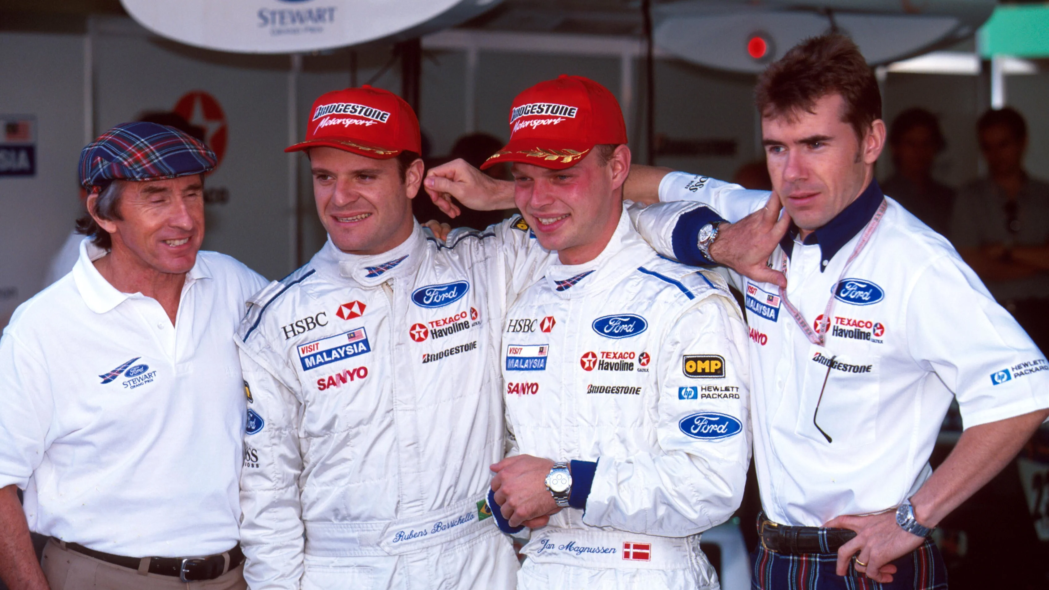 L à R: Jackie Stewart, Rubens Barrichello, Jan Magnussen et Paul Stewart Grand Prix japonais,