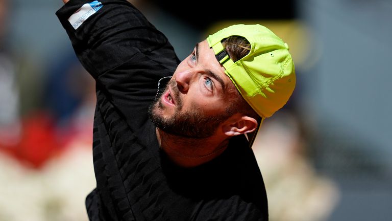 Jacob Fearnley of Great Britain plays against Grigor Dimitrov of Bulgaria during the Mutua Madrid Open 2025, ATP Masters 1000 and WTA 1000, tennis tournament celebrated at Caja Magica on April 28, 2025 in Madrid, Spain. AFP7 28/04/2025 (Europa Press via AP)