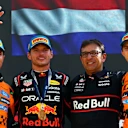MONZA, ITALY - SEPTEMBER 07: Race winner Max Verstappen of the Netherlands and Oracle Red Bull Racing Second placed Lando Norris of Great Britain and McLaren Third placed Oscar Piastri of Australia and McLaren and Pierre Wache, Technical Director of Oracle Red Bull Racing on the podium during the F1 Grand Prix of Italy at Autodromo Nazionale Monza on September 07, 2025 in Monza, Italy. (Photo by Clive Rose/Getty Images)