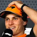 BAKU, AZERBAIJAN - SEPTEMBER 18: Oscar Piastri of Australia and McLaren speaks in the Drivers Press Conference during previews ahead of the F1 Grand Prix of Azerbaijan at Baku City Circuit on September 18, 2025 in Baku, Azerbaijan. (Photo by Clive Rose/Getty Images)
