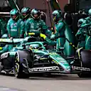 BAKU, AZERBAIJAN - SEPTEMBER 21: Fernando Alonso of Spain driving the (14) Aston Martin F1 Team AMR25 Mercedes makes a pitstop during the F1 Grand Prix of Azerbaijan at Baku City Circuit on September 21, 2025 in Baku, Azerbaijan. (Photo by Mark Thompson/Getty Images)