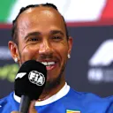 MONZA, ITALY - SEPTEMBER 04: Lewis Hamilton of Great Britain and Scuderia Ferrari speaks in the Drivers Press Conference during previews ahead of the F1 Grand Prix of Italy at Autodromo Nazionale Monza on September 04, 2025 in Monza, Italy. (Photo by Clive Rose/Getty Images)