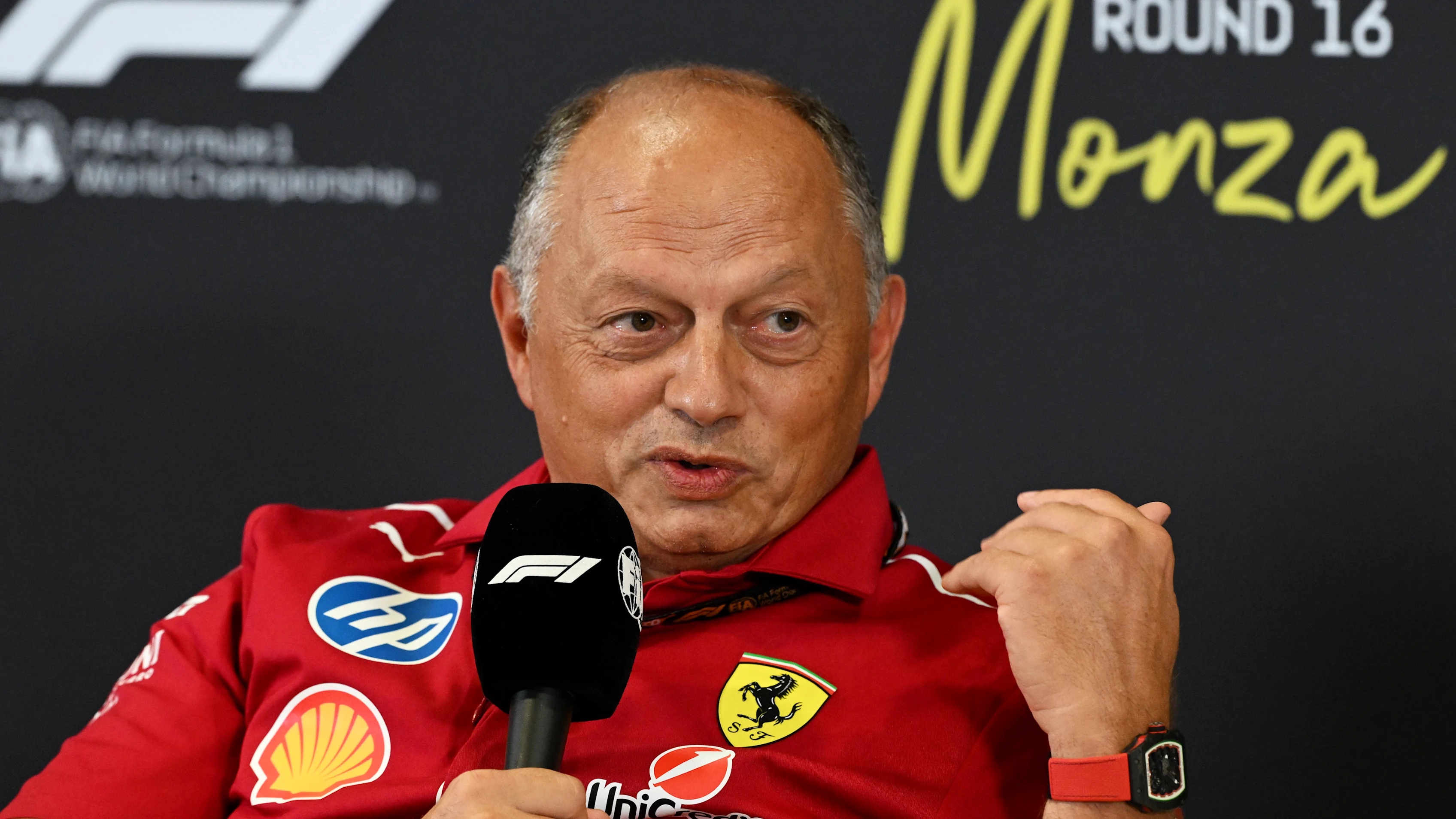 MONZA, ITALY - SEPTEMBER 05: Frederic Vasseur, Team Principal of Scuderia Ferrari in the Team Principals Press Conference during practice ahead of the F1 Grand Prix of Italy at Autodromo Nazionale Monza on September 05, 2025 in Monza, Italy. (Photo by Mark Sutton - Formula 1/Formula 1 via Getty Images)