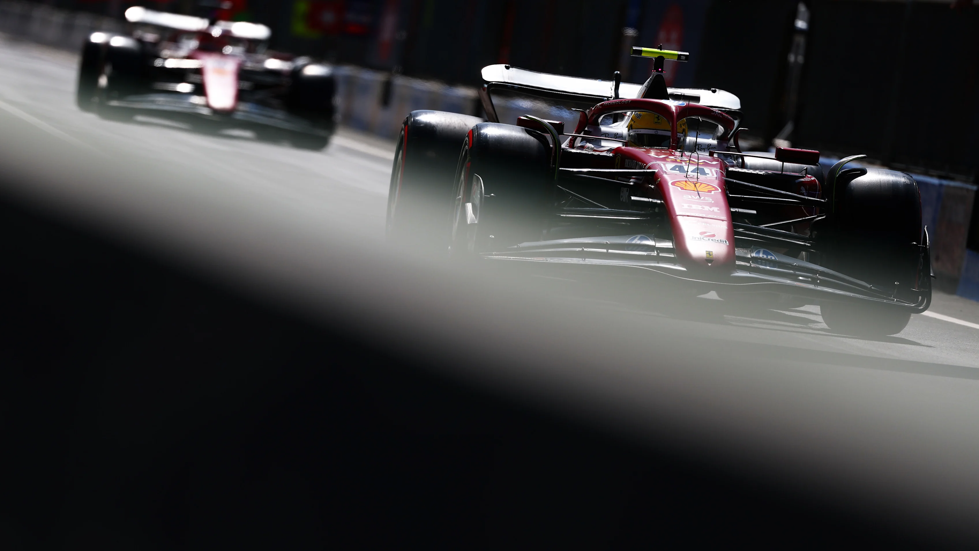 MONZA, ITALY - SEPTEMBER 06: Lewis Hamilton of Great Britain driving the (44) Scuderia Ferrari SF-25 leads Charles Leclerc of Monaco driving the (16) Scuderia Ferrari SF-25 in the Pitlane during final practice ahead of the F1 Grand Prix of Italy at Autodromo Nazionale Monza on September 06, 2025 in Monza, Italy. (Photo by Clive Rose/Getty Images)