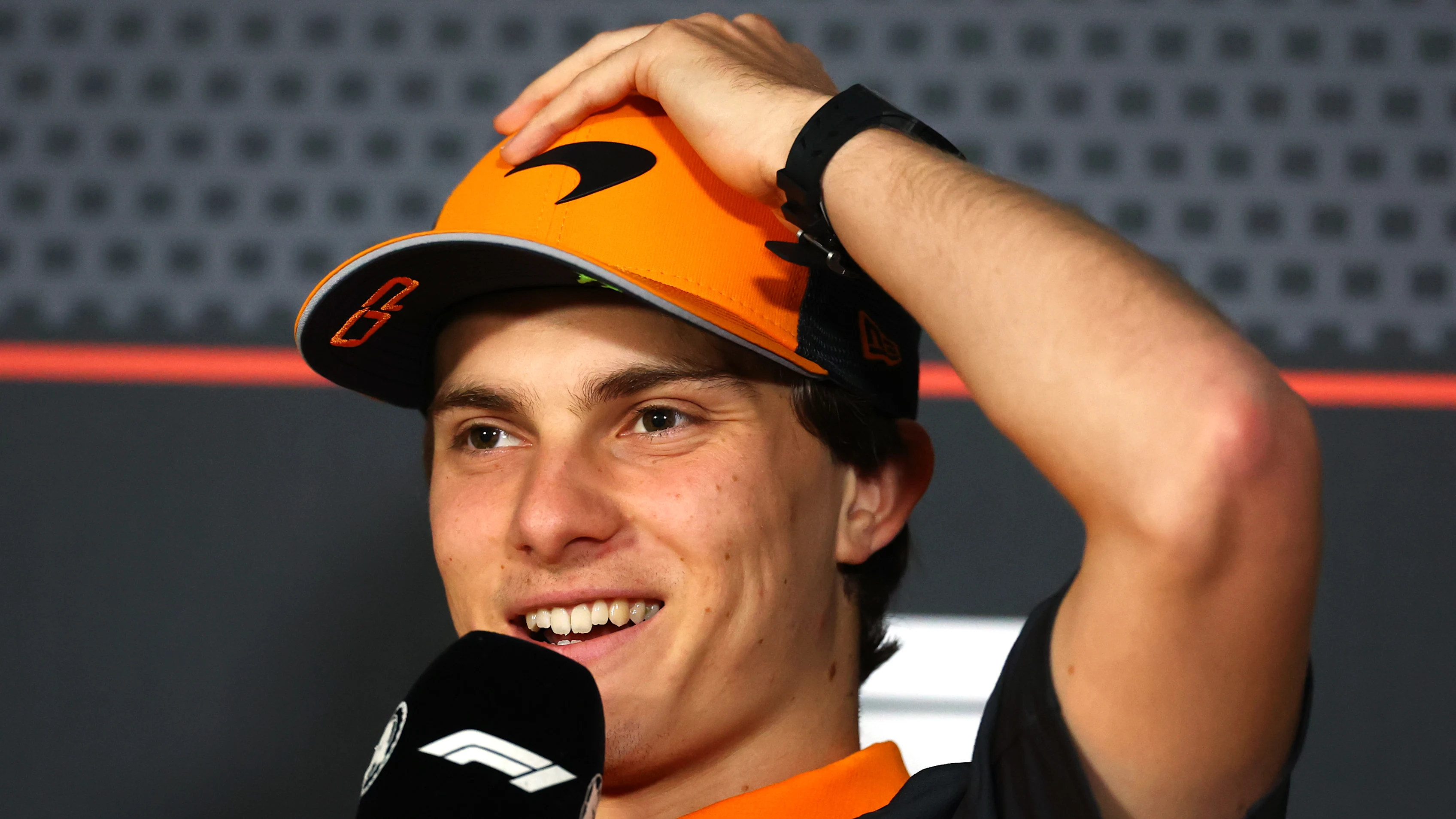 BAKU, AZERBAIJAN - SEPTEMBER 18: Oscar Piastri of Australia and McLaren speaks in the Drivers Press Conference during previews ahead of the F1 Grand Prix of Azerbaijan at Baku City Circuit on September 18, 2025 in Baku, Azerbaijan. (Photo by Clive Rose/Getty Images)
