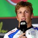 BAKU, AZERBAIJAN - SEPTEMBER 18: Liam Lawson of New Zealand and Visa Cash App Racing Bulls speaks in the Drivers Press Conference during previews ahead of the F1 Grand Prix of Azerbaijan at Baku City Circuit on September 18, 2025 in Baku, Azerbaijan. (Photo by Clive Rose/Getty Images)