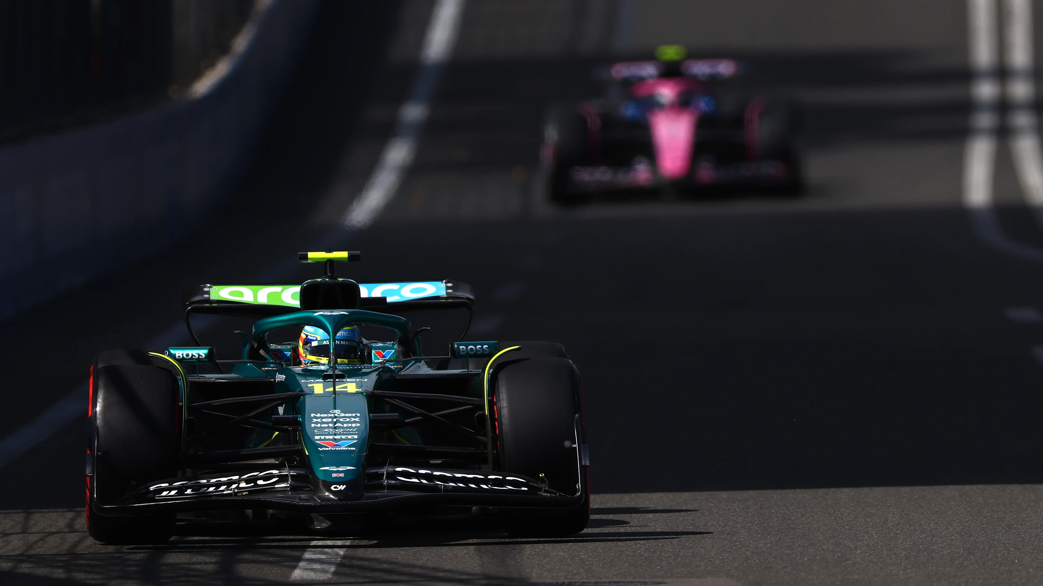 BAKU, AZERBAIJAN - SEPTEMBER 20: Fernando Alonso of Spain driving the (14) Aston Martin F1 Team AMR25 Mercedes on track during final practice ahead of the F1 Grand Prix of Azerbaijan at Baku City Circuit on September 20, 2025 in Baku, Azerbaijan. (Photo by Bryn Lennon - Formula 1/Formula 1 via Getty Images)