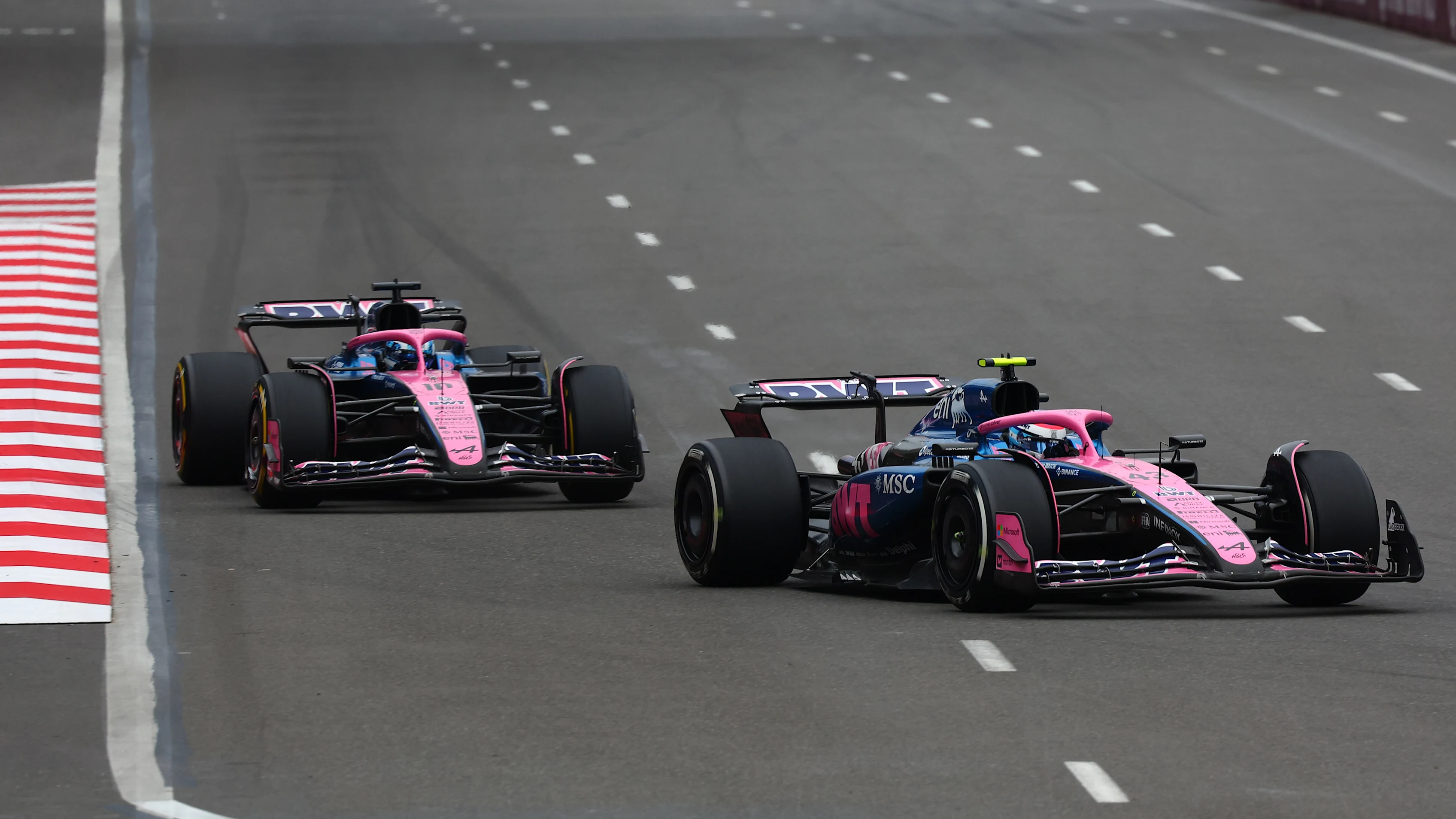 BAKU, AZERBAIJAN - SEPTEMBER 21: Franco Colapinto of Argentina driving the (43) Alpine F1 A525 Renault leads Pierre Gasly of France driving the (10) Alpine F1 A525 Renault on track during the F1 Grand Prix of Azerbaijan at Baku City Circuit on September 21, 2025 in Baku, Azerbaijan. (Photo by Joe Portlock/Getty Images)