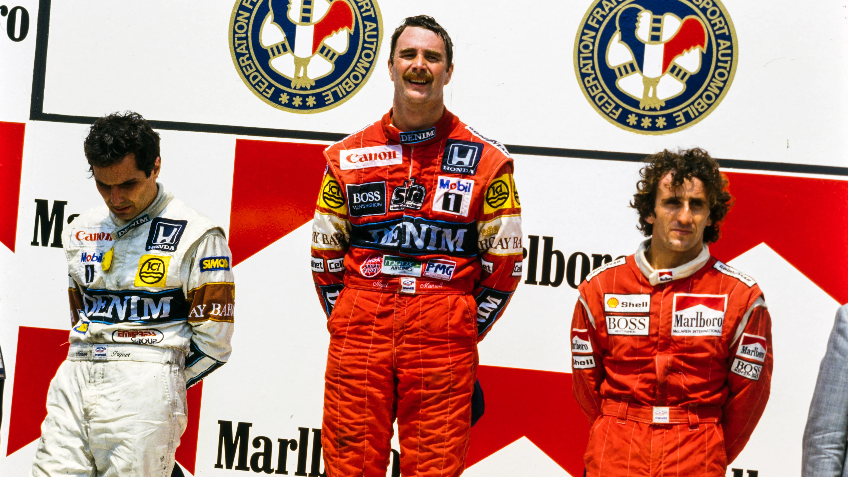 Circuit Paul Ricard, France - 05 juillet: Nigel Mansell, 1ère position, Nelson Piquet, 2e position,