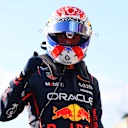 AUSTIN, TEXAS - OCTOBER 17: Sprint Pole qualifier Max Verstappen of the Netherlands and Oracle Red Bull Racing celebrates in parc ferme during Sprint Qualifying ahead of the F1 Grand Prix of United States at Circuit of The Americas on October 17, 2025 in Austin, Texas. (Photo by Bryn Lennon - Formula 1/Formula 1 via Getty Images)