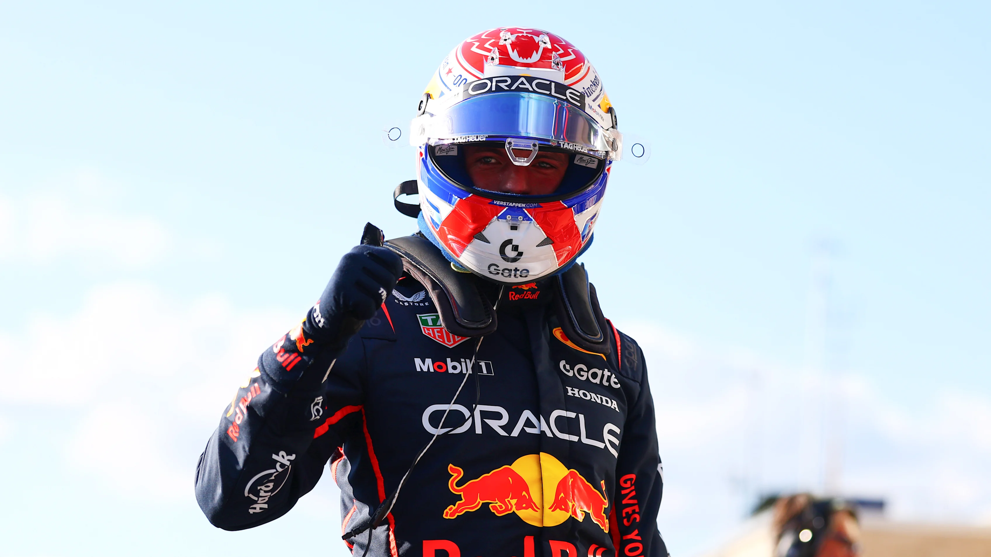 AUSTIN, TEXAS - OCTOBER 17: Sprint Pole qualifier Max Verstappen of the Netherlands and Oracle Red Bull Racing celebrates in parc ferme during Sprint Qualifying ahead of the F1 Grand Prix of United States at Circuit of The Americas on October 17, 2025 in Austin, Texas. (Photo by Bryn Lennon - Formula 1/Formula 1 via Getty Images)