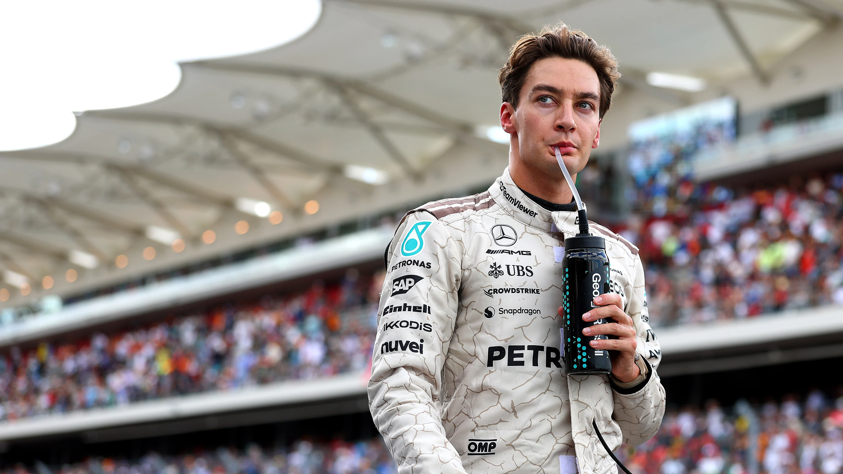 AUSTIN, TEXAS - OCTOBER 18: Second placed George Russell of Great Britain and Mercedes AMG Petronas F1 Team looks on during the Sprint ahead of the F1 Grand Prix of United States at Circuit of The Americas on October 18, 2025 in Austin, Texas. (Photo by Mario Renzi - Formula 1/Formula 1 via Getty Images)
