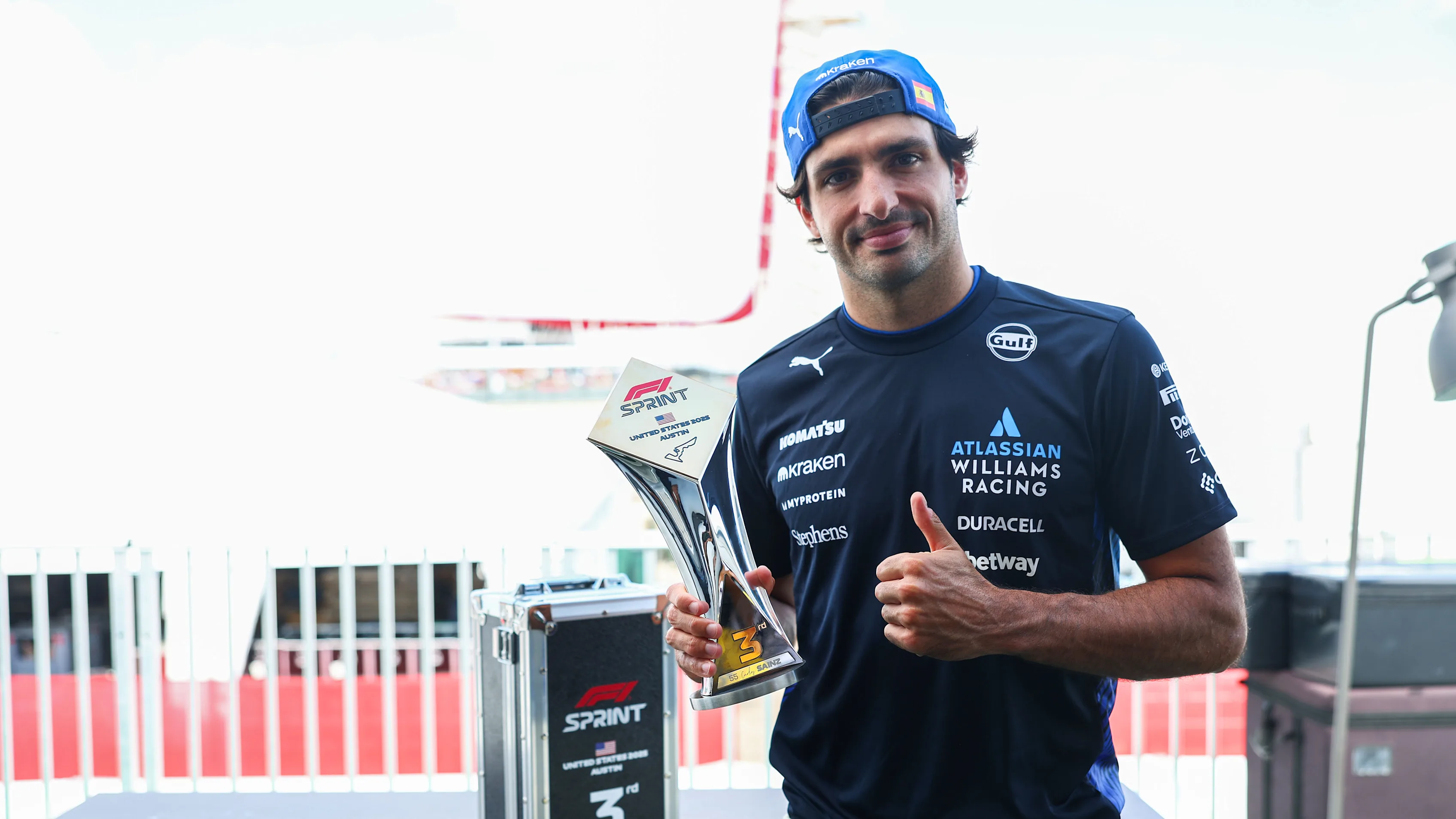 AUSTIN, TEXAS - OCTOBER 18: Third placed Carlos Sainz of Spain and Williams with his Sprint trophy prior to Qualifying ahead of the F1 Grand Prix of United States at Circuit of The Americas on October 18, 2025 in Austin, Texas. (Photo by Peter Fox/Getty Images)