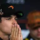 AUSTIN, TEXAS - OCTOBER 18: Second placed qualifier Lando Norris of Great Britain and McLaren in the Drivers Press Conference during Qualifying ahead of the F1 Grand Prix of United States at Circuit of The Americas on October 18, 2025 in Austin, Texas. (Photo by Bryn Lennon/Getty Images)