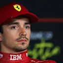 AUSTIN, TEXAS - OCTOBER 18: Third placed qualifier Charles Leclerc of Monaco and Scuderia Ferrari in the Drivers Press Conference during Qualifying ahead of the F1 Grand Prix of United States at Circuit of The Americas on October 18, 2025 in Austin, Texas. (Photo by Bryn Lennon/Getty Images)