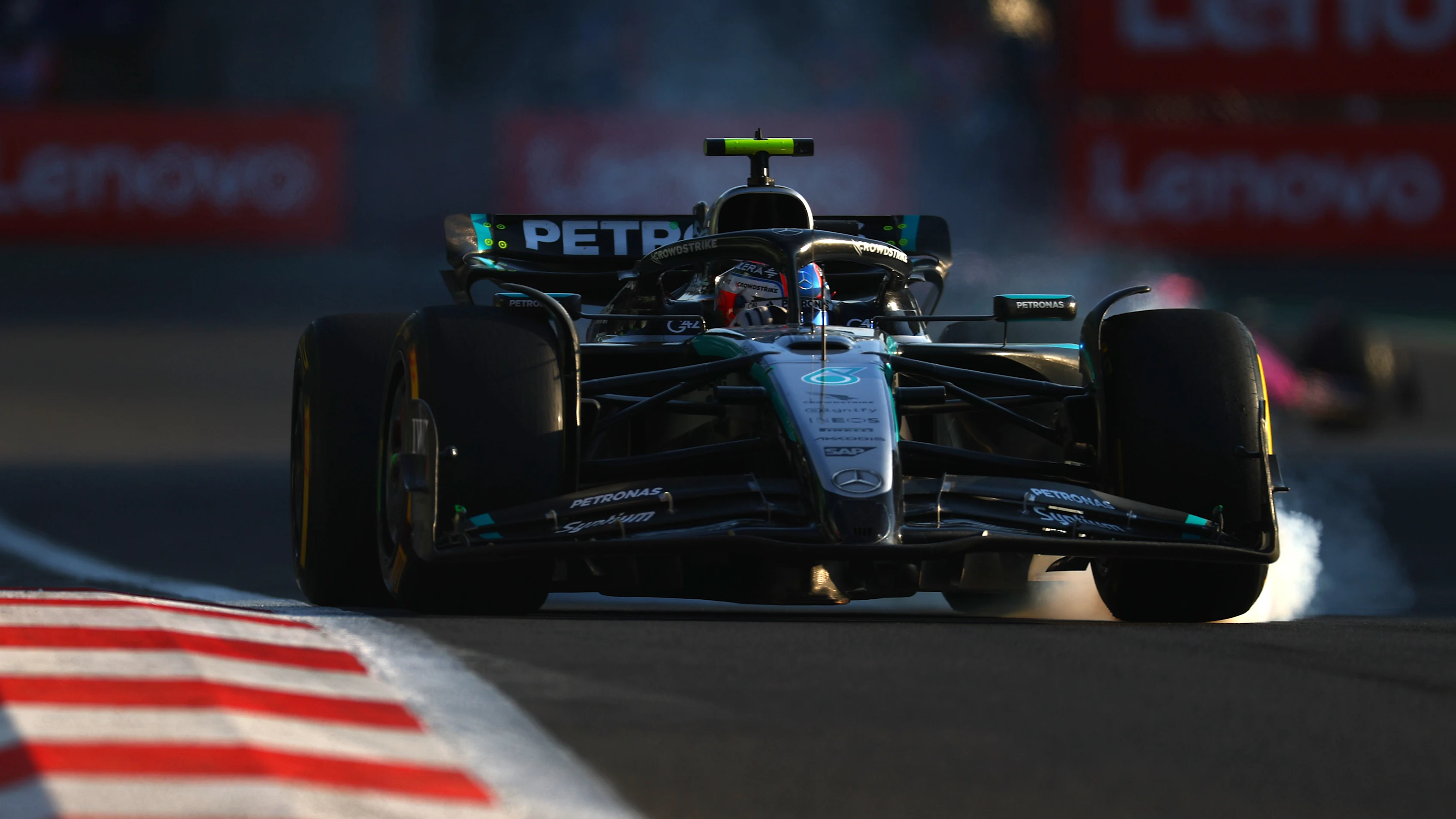 MEXICO CITY, MEXICO - OCTOBER 24: Andrea Kimi Antonelli of Italy driving the (12) Mercedes AMG Petronas F1 Team W16 locks up on track during practice ahead of the F1 Grand Prix of Mexico at Autodromo Hermanos Rodriguez on October 24, 2025 in Mexico City, Mexico. (Photo by Bryn Lennon - Formula 1/Formula 1 via Getty Images)