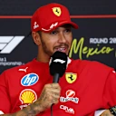 MEXICO CITY, MEXICO - OCTOBER 25: Third placed qualifier Lewis Hamilton of Great Britain and Scuderia Ferrari in the Drivers Press Conference during qualifying ahead of the F1 Grand Prix of Mexico at Autodromo Hermanos Rodriguez on October 25, 2025 in Mexico City, Mexico. (Photo by Clive Rose/Getty Images)