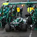 MEXICO CITY, MEXICO - OCTOBER 26: Lance Stroll of Canada driving the (18) Aston Martin F1 Team AMR25 Mercedes makes a pitstop during the F1 Grand Prix of Mexico at Autodromo Hermanos Rodriguez on October 26, 2025 in Mexico City, Mexico. (Photo by Mark Thompson/Getty Images)