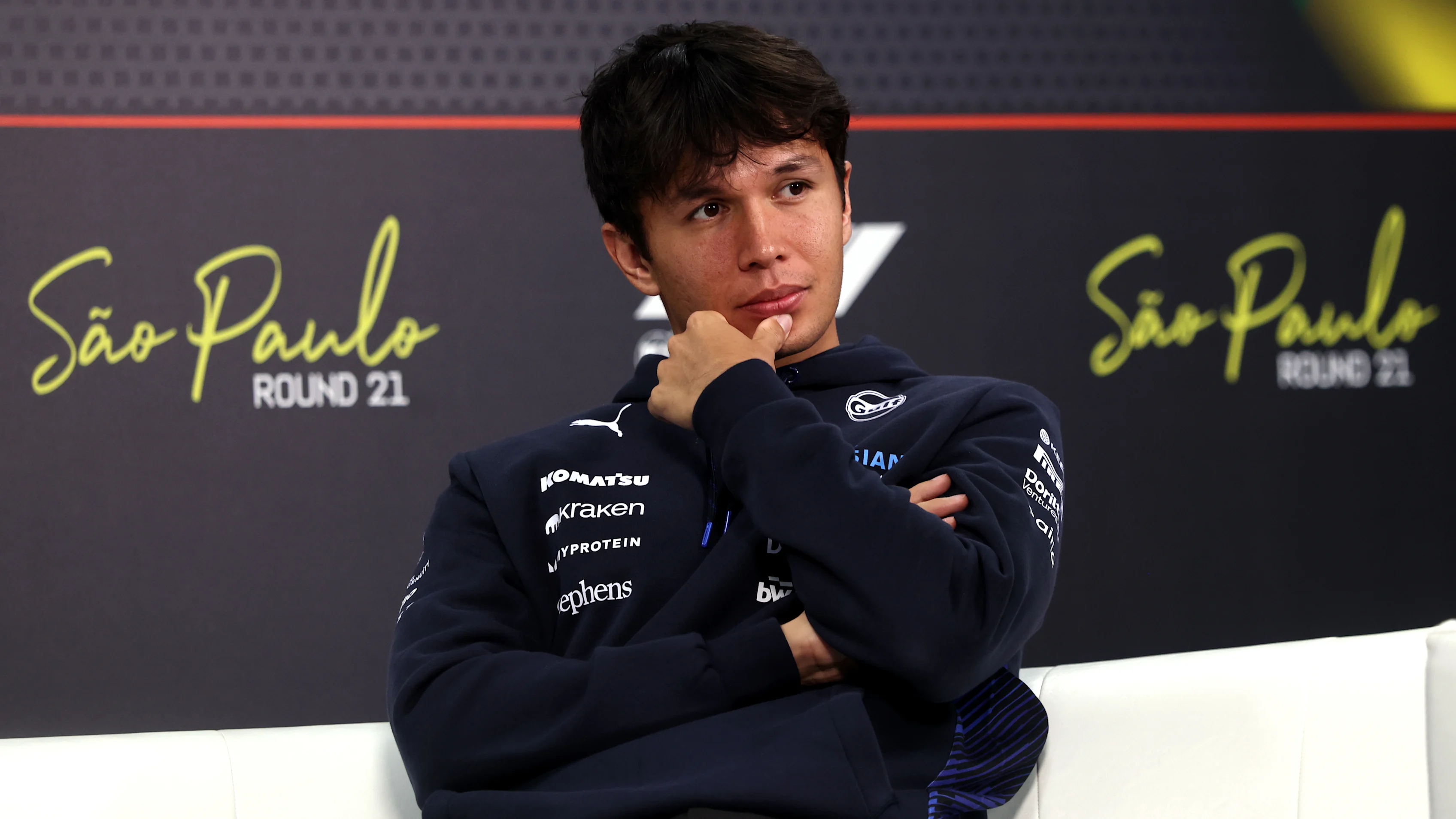 SAO PAULO, BRAZIL - NOVEMBER 06: Alexander Albon of Thailand and Williams looks on in the Drivers Press Conference during previews ahead of the F1 Grand Prix of Brazil at Autodromo Jose Carlos Pace on November 06, 2025 in Sao Paulo, Brazil. (Photo by Lars Baron/Getty Images)