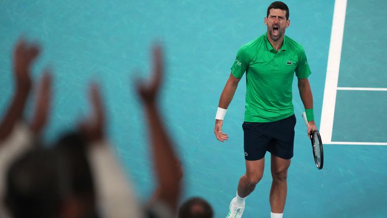 Novak Djokovic of Serbia reacts during the men's singles final match against Carlos Alcaraz of Spain at the Australian Open tennis championship in Melbourne, Australia, Sunday, Feb. 1, 2026.(AP Photo/Mark Baker)