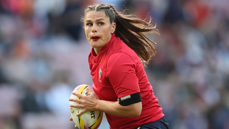 Ilona Maher of the US before the start of a match at the 2025 Women's Rugby World Cup between England and the US (AP Photo/Scott Heppell)